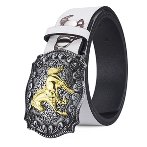 Detailed view of western cowboy belt with embossed horse pattern and alloy buckle