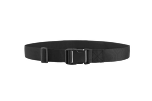 Detail of durable black nylon tactical belt with a heavy-duty plastic quick-release buckle