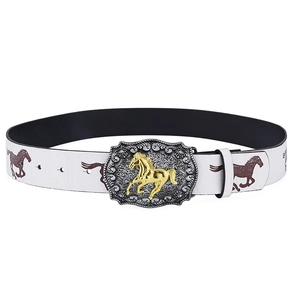 Detail of western cowboy belt with embossed horse buckle and white animal pattern print