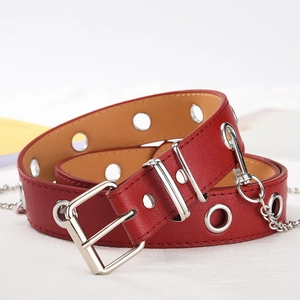 Red punk style PU leather belt with silver grommets and decorative metal chain