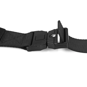 Detail of durable tactical nylon belt featuring a high-strength plastic quick-release buckle