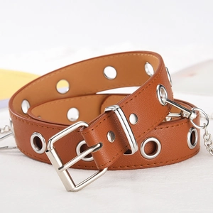 Brown punk style belt with silver metal eyelets and a decorative side chain