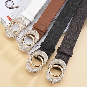 Ceinture Femme en Similicuir Avec Boucle Ronde Double en Strass Élégante Texture Galet Ceinture de Taille Pour Robe Soirée
