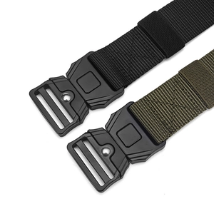 Detail of high-density nylon tactical belt webbing with heavy-duty metal buckle