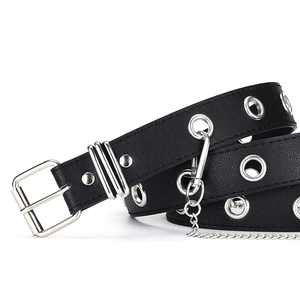 Black leather punk belt with silver eyelets and a detachable metal chain for women and men
