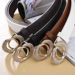 Lot de ceintures femme à boucle double anneau strass en marron, noir et blanc