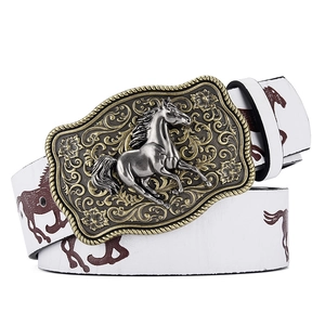 Western cowboy white leather belt with engraved metal horse buckle and horse silhouette patterns