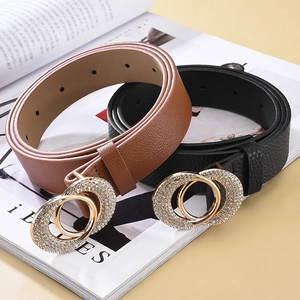 Ceintures fines en cuir avec boucles à double anneau en strass noir et marron
