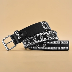 Y2K punk rock black leather belt with triple row silver metal studs and square buckle