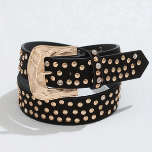 Ceinture punk à rivets en daim noir avec clous dorés et boucle métallique vintage gravée