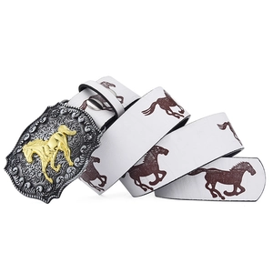 Western cowboy belt with embossed horse pattern and ornate vintage floral buckle