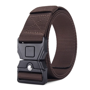Detail of dark brown nylon tactical belt with a sturdy black metal quick-release buckle