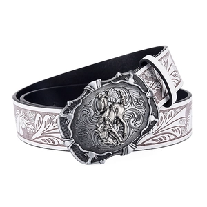 Western cowboy vintage leather belt with horse buckle and animal pattern textures