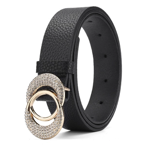 Ceinture pour femme en cuir PU noir avec boucle double anneau ornée de strass