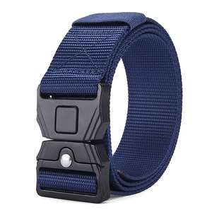 Close-up of navy blue nylon woven tactical belt featuring a black quick-release alloy buckle