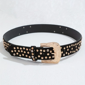 Ceinture noire en cuir pour femme avec rivets dorés et strass étincelants