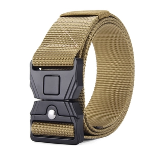 Close-up of khaki tactical nylon belt with a matte black quick-release buckle and sturdy weave