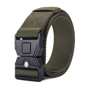 Close-up of army green tactical nylon belt with heavy-duty black quick release buckle