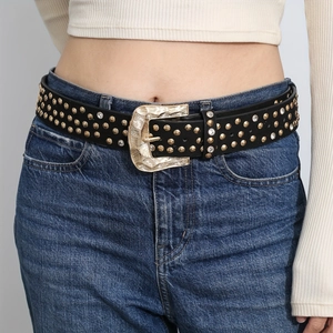 Ceinture Punk à Rivets en Similicuir pour Femmes Hommes Boucle en Alliage Vintage Strass Western Cowboy Jeans Accessoires