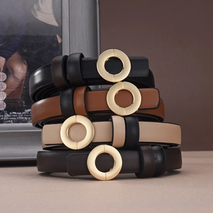 Women Fashion Minimalist Thin PU Leather Belt Gold Double Circle Buckle Double Sided Wearable Waistband For Jeans Dresses