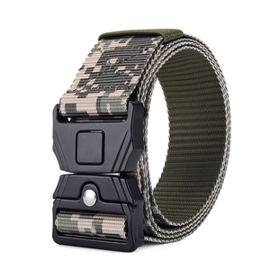 Macro detail of camouflage nylon tactical belt with durable metal quick release buckle