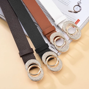 Elegante schmale Ledergürtel für Damen mit strassbesetzten Doppelring-Schnallen