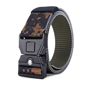 Detail of pixel camouflage tactical belt featuring heavy-duty quick release buckle