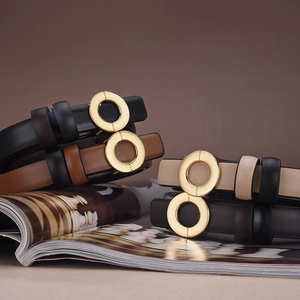 Minimalist women's thin leather belt set with gold double ring buckle in black and brown