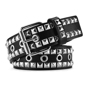 Punk Y2K style black leather belt with double row silver pyramid studs and roller buckle