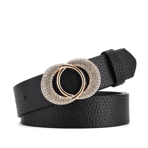 Eleganter Damen-Ledergürtel in Schwarz mit goldener Doppelringschnalle und Strassbesatz