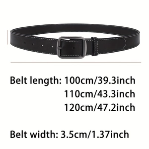 Detail of black leather belt with contrast white stitching and matte chrome pin buckle