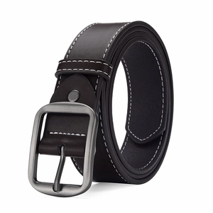 Men's casual leather belt with contrast stitching and matte gunmetal pin buckle