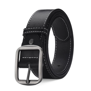 Men's casual black leather belt with white double stitching and silver pin buckle on white background