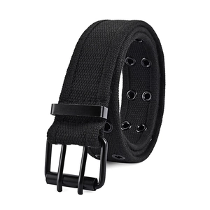Detail of black canvas punk belt featuring a double prong buckle and twin metal eyelets