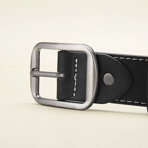 Minimalist black leather belt for men with square silver buckle and white stitching
