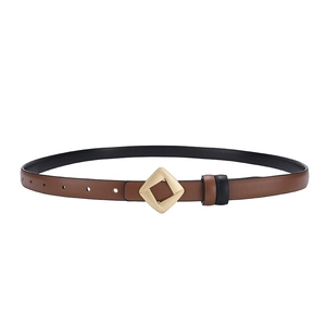 Minimalist double-sided slim leather belt in brown and black with gold geometric buckle