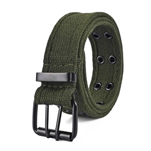 Detail of army green canvas belt featuring double rows of eyelets and black metal prong buckle
