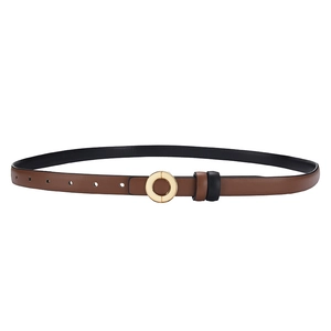 Minimalist double-sided thin leather belt for women in brown and black with gold buckle