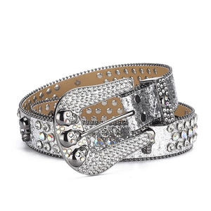 Detailed view of punk style silver belt with skull metal studs and glitter rhinestones