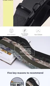 Detail of durable nylon tactical belt showing plastic buckle and camouflage strap texture