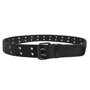 Detail of black double grommet canvas belt with matte metal buckle and punk style