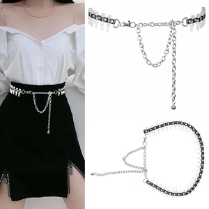 Punk Style Bullet Waist Chain Belt For Women Black PU Leather Metal Link Chain Adjustable Gothic Streetwear Accessories