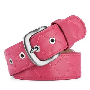 Ceinture femme rose vintage en cuir avec motif losanges surpiqués et boucle métallique