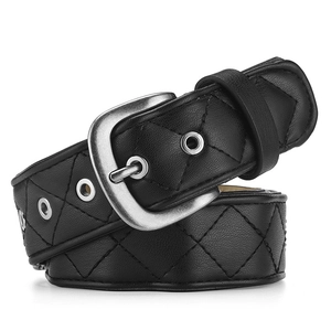 Ceinture vintage en cuir noir avec surpiqûres losanges et boucle ardillon argentée