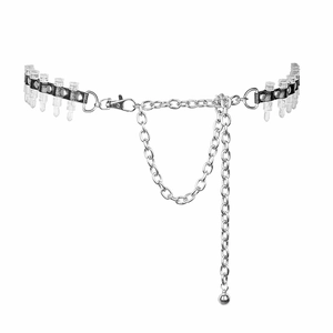 Punk silver chain waist belt with black leather straps and transparent bullet charms