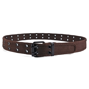 Detail view of dark brown canvas belt with double grommet holes and matte black buckle