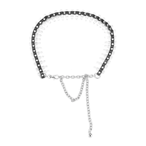 Punk style waist chain with black leather strap, clear spikes, and silver metal ball chain