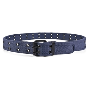 Detail of navy blue canvas belt featuring double metal eyelets and a black twin-pin buckle