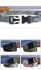 Detail of durable canvas tactical belt featuring a quick-release plastic buckle and camouflage