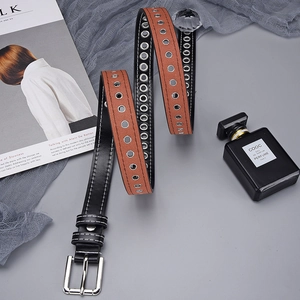 Fashionable double-layer leather belt with silver eyelets and a classic square buckle